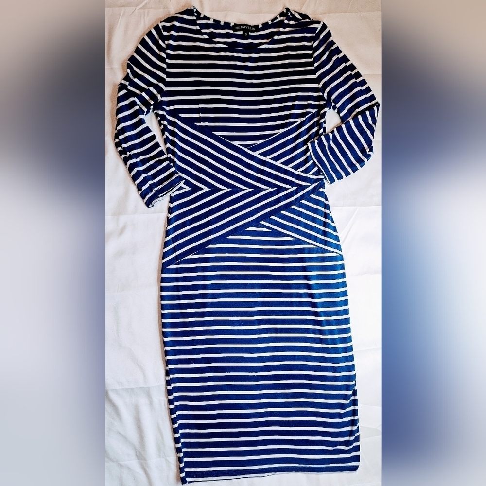 Rephyllis Womens Blue & White Striped Bodycon Dress With 3/4 Sleeves Size Medium